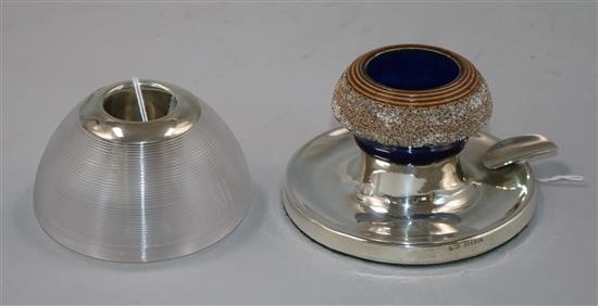 A late Victorian silver mounted ribbed glass match tidy, London, 1895 and a later silver mounted stoneware ashtray.